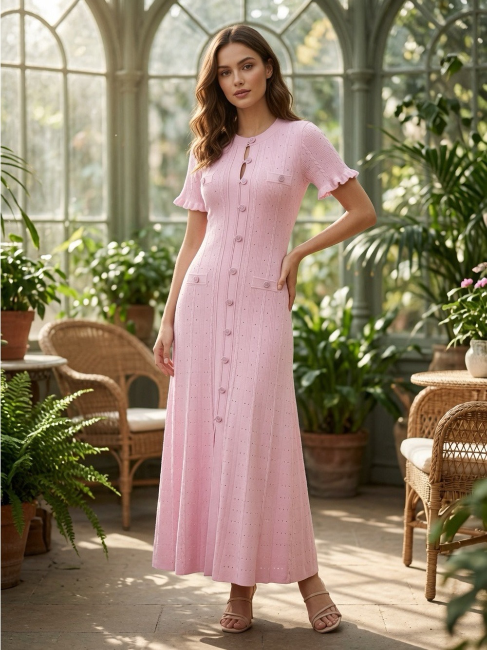Sandro Pink Button-Down Knit Maxi Dress